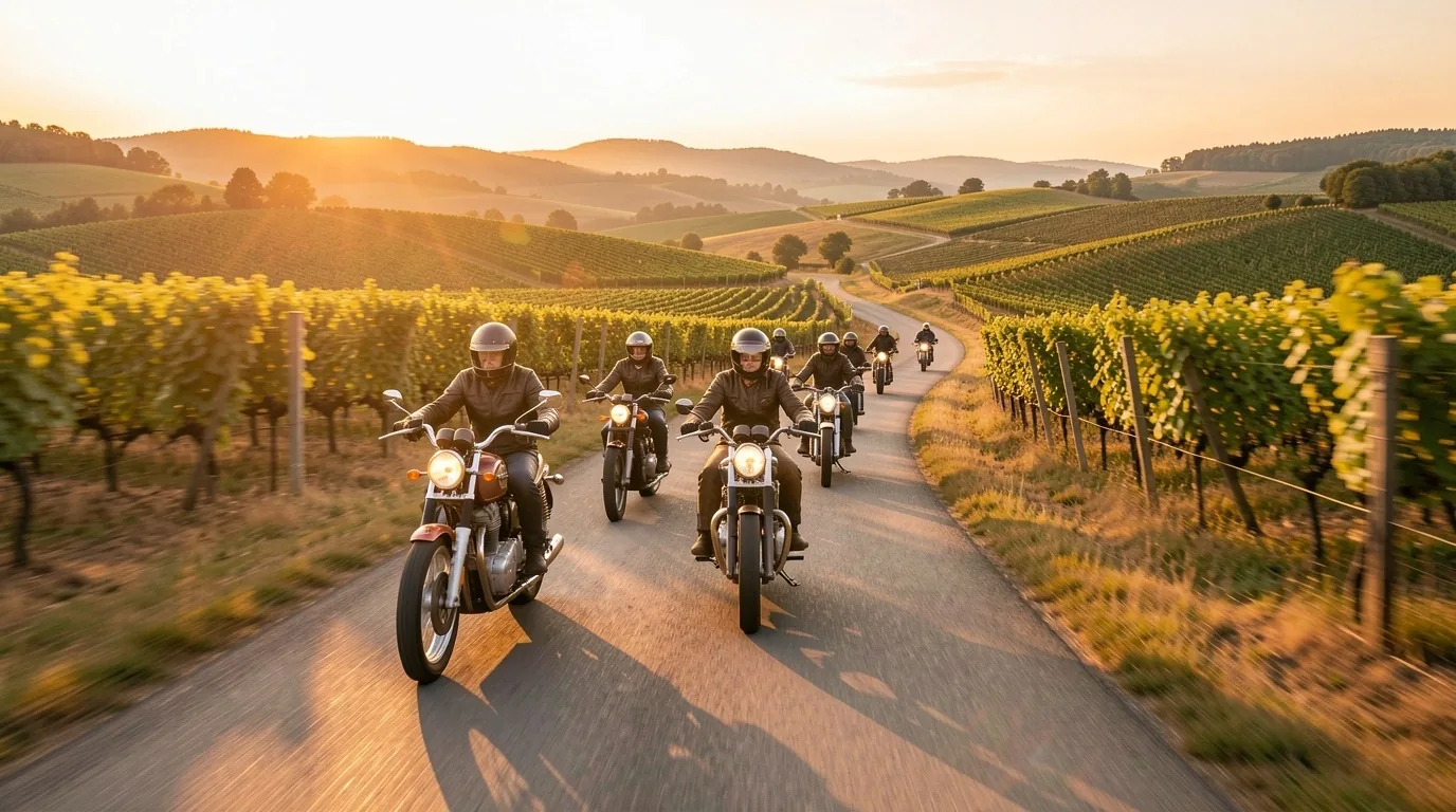 Balade en groupe à moto dans les collines du Beaujolais