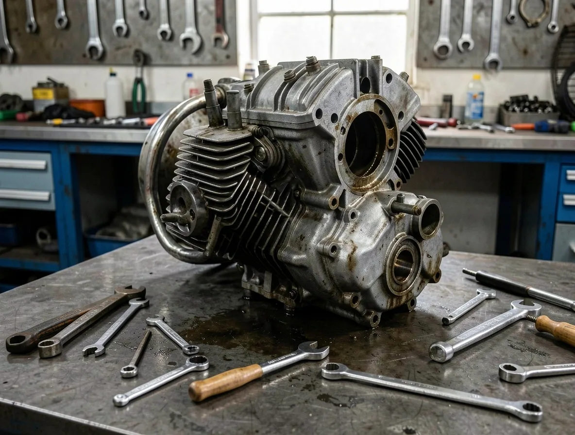 Moteur de moto démonté sur établi en acier dans l'atelier