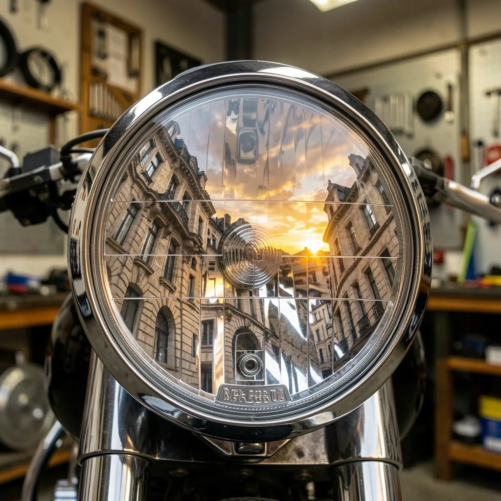 Reflet de la Presqu'île de Lyon dans un phare chromé
