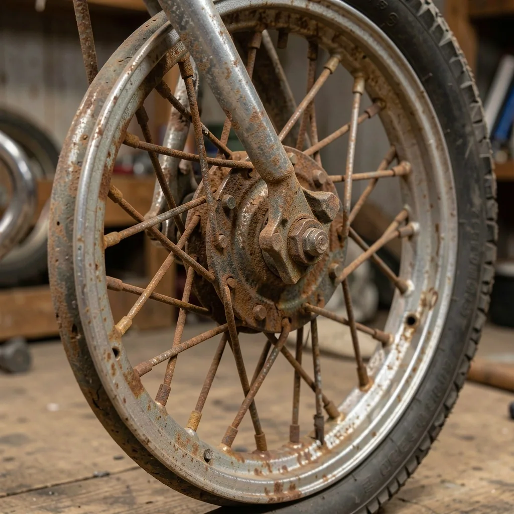 Roue à rayons de moto oxydée avant réfection